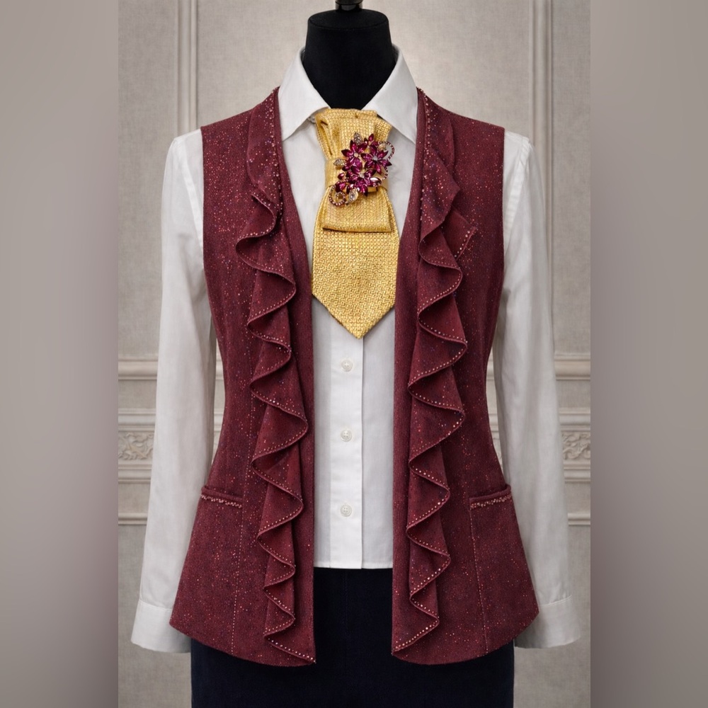 ONE-OF-A-KIND Yellow Necktie Necklace with Light Burgundy Wine Jeweled Brooch